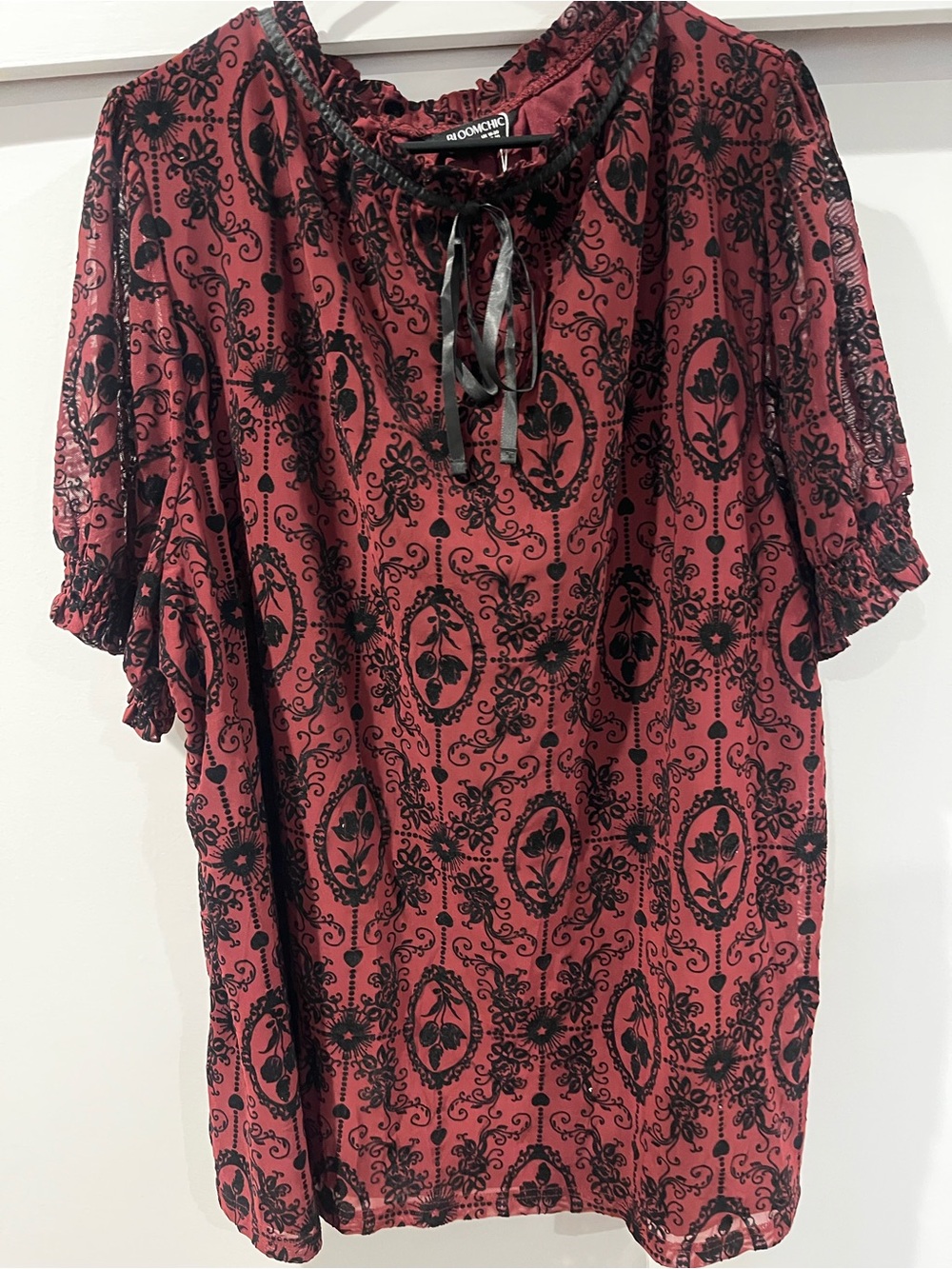 BloomChic Burgundy Red Blouse with Black Floral Burnout